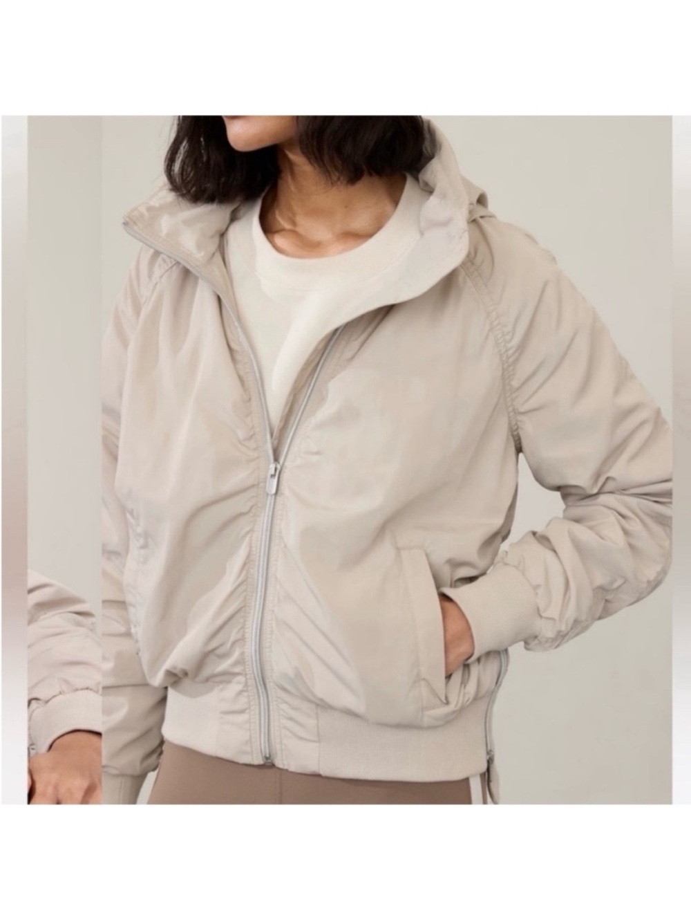 Athleta Jet Set Bomber Light Beige  Windbreaker Jacket Water Resistant casual